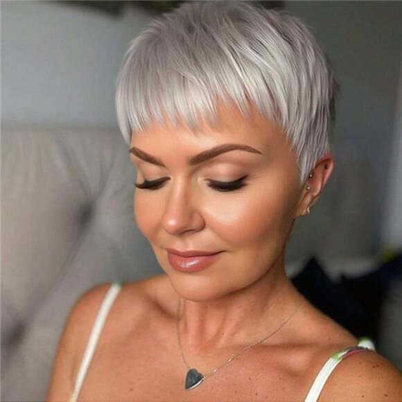 6 Inch Grey Pixie Cut Human Hair Wig With Bangs Short Straight Layered - Picture 6 of 6